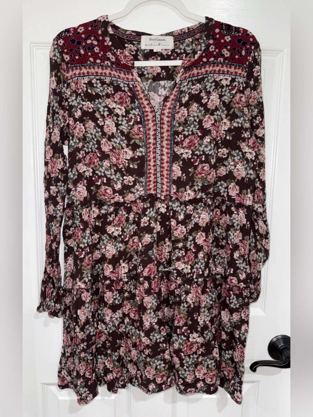 Haley London Women's XL Boho Peasant Cottagecore Tiered Mini Dress Brown Floral